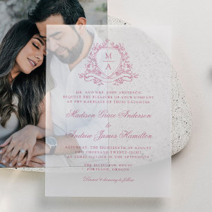 Invitations En Vélin Blason Floral Rose Élégant Monogramme de Mariage