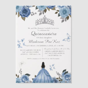 Invitations En Vélin Bleu Royal Floral Butterfly Quinceanera