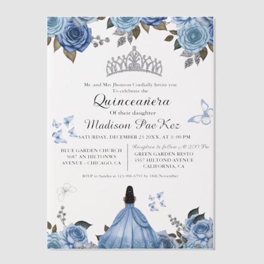 Invitations En Vélin Bleu Royal Floral Butterfly Quinceanera (Recto)