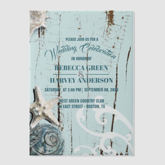 Invitations En Vélin Blue Beach Seashell Starfish Mariage côtier (Recto)