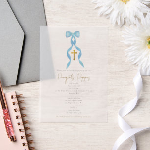 Invitations En Vélin Blue Bow Grec Orthodoxe Christening Garçon Baptême