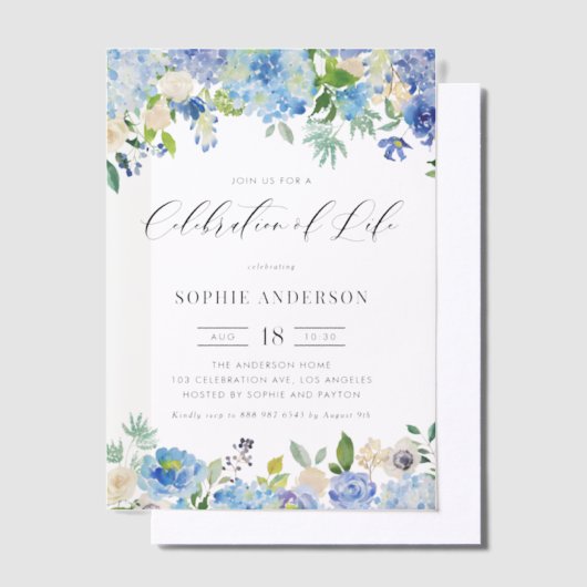 Invitations En Vélin Blue Hydrangea and Ivory Rose Celebration of Life (Compenser)