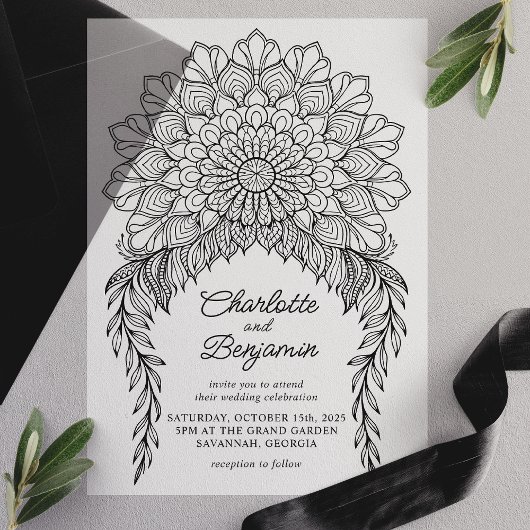 Invitations En Vélin Boho noir Mandala Mariage de vigne feuillus