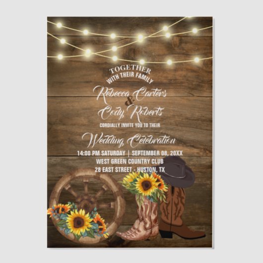 Invitations En Vélin Bottes rustiques Cowboy Sunflower Western Mariage (Recto)