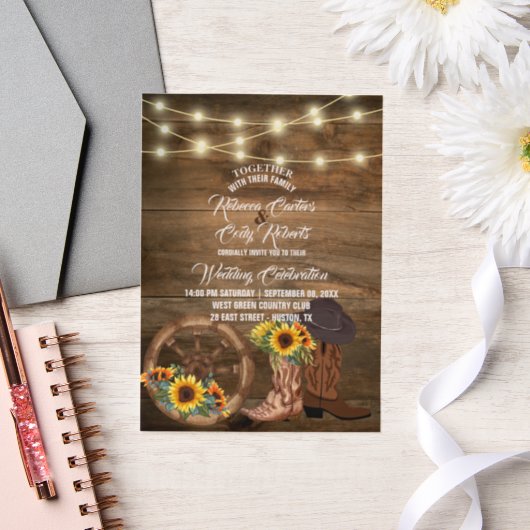 Invitations En Vélin Bottes rustiques Cowboy Sunflower Western Mariage (Mariage)