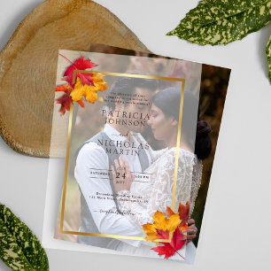 Invitations En Vélin Cadre doré rustique de feuilles d'automne Mariage