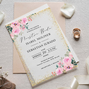 Invitations En Vélin Cadre Or Rose Floral Nuestra Boda Espagnol