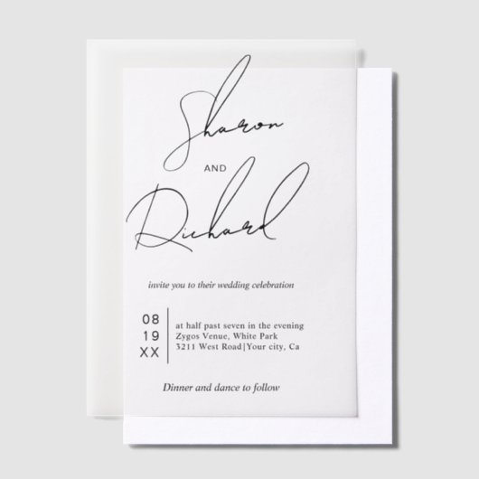 Invitations En Vélin Calligraphie de script moderne noir, mariage blanc (Compenser)