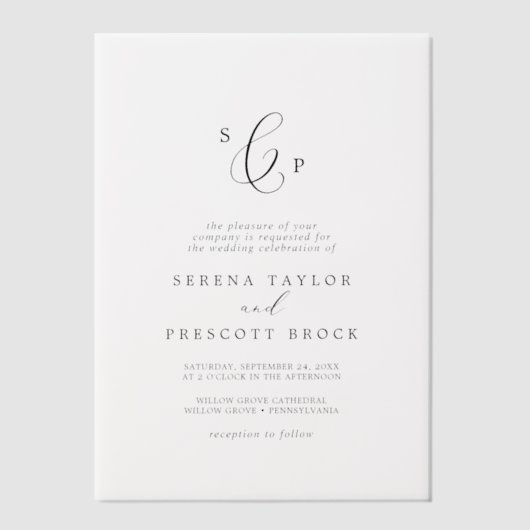 Invitations En Vélin Calligraphie délicate Monogramme Mariage élégant (Recto)