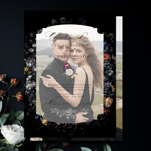 Invitations En Vélin Calligraphie florale noire