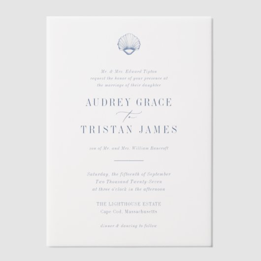 Invitations En Vélin CAPE COD Mariage bleu côtier (Recto)