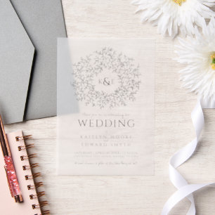 Invitations En Vélin Cercle de mariage monogramme feuille