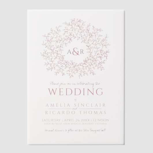 Invitations En Vélin Cercle feuille monogramme mariage rose (Recto)