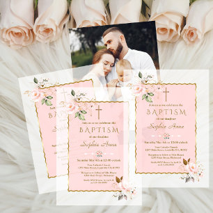 Invitations En Vélin Charme Rouge Rose Or Fille Baptême