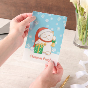 Invitations En Vélin Chat de Noël blanc dans une fête Casquette rouge