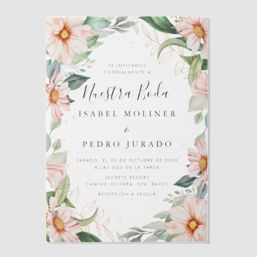 Invitations En Vélin Chic Eucalyptus Peach Roses Nuestra Boda Mariage (Recto)