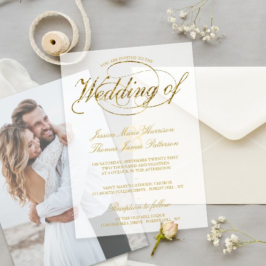 Invitations En Vélin Chic Faux Gold Foil Script Wedding