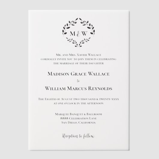 Invitations En Vélin Cimier officiel Monogramme Laurel Wreath Mariage p (Recto)