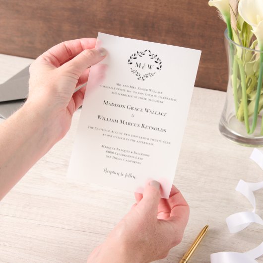 Invitations En Vélin Cimier officiel Monogramme Laurel Wreath Mariage p (Ordinateur de poche)