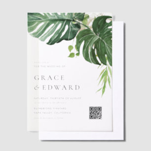 Invitations En Vélin Code QR de mariage tropical Monstera aquarelle