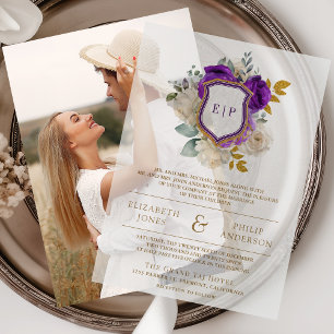 Invitations En Vélin Couronne Fleurie Violet Royal Monogramme Mariage