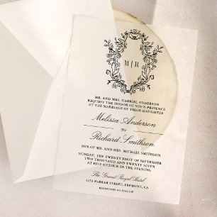Invitations En Vélin Crête de monogramme de chinoiserie noire pour mari