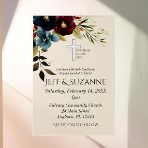 Invitations En Vélin Croix Florale Bleue Bourgogne Deux deviennent un