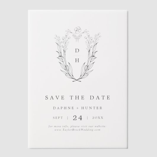 Invitations En Vélin DAPHNE Floral Monogramme Noir Mariage Enregistrer (Recto)