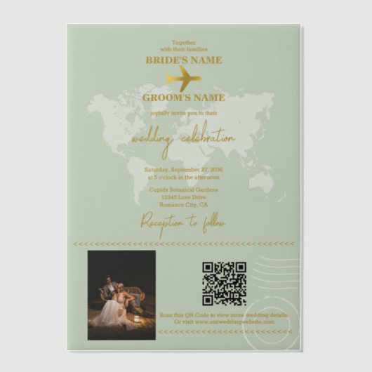 Invitations En Vélin Destination Mariage Monde Passport Sage Vert Or (Recto)