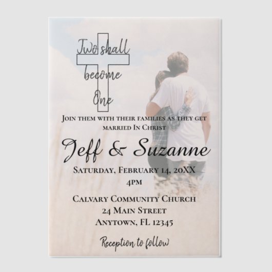 Invitations En Vélin Deux deviennent un Mariage photo chrétien (Recto)