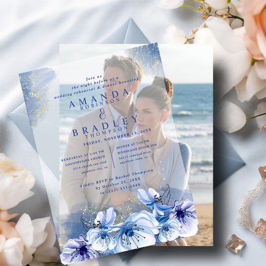 Invitations En Vélin Dîner de répétition Mariage Dusty Blue & Gold Part