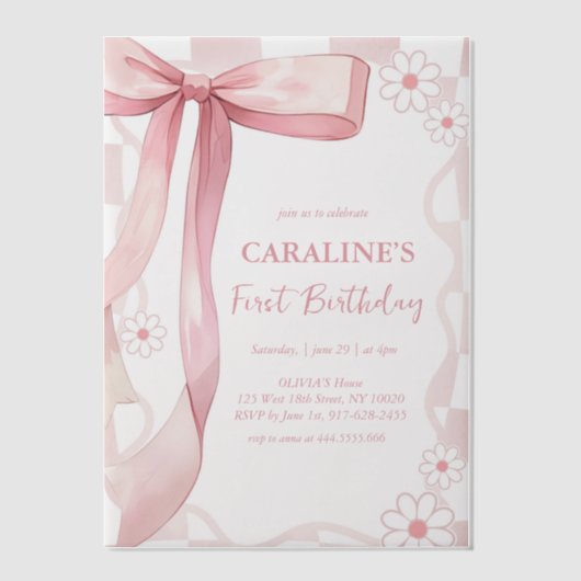 Invitations En Vélin Doodle Whimsical Pink Bow Premier anniversaire (Recto)