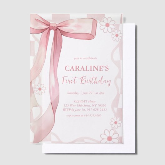 Invitations En Vélin Doodle Whimsical Pink Bow Premier anniversaire (Compenser)