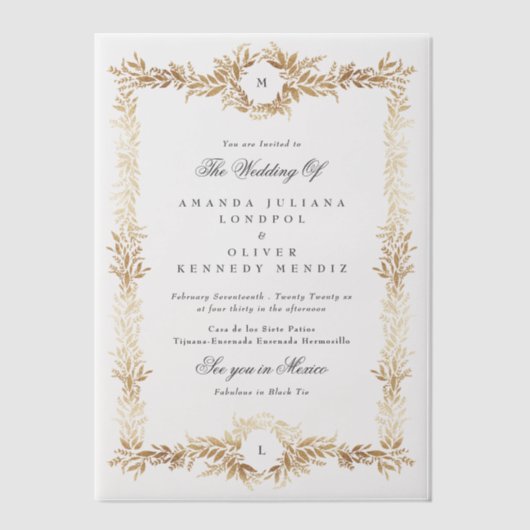 Invitations En Vélin double monogramme or mariage cadre botanique (Recto)