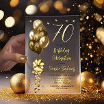Invitations En Vélin Elégant Ballons d'or sur Black 70th Birthday Party<br><div class="desc">Ballons d'or à fausse parties scintillant élégante avec grand arc et banderoles et étoiles d'accent "70" 70e anniversaire invitation de fête.</div>