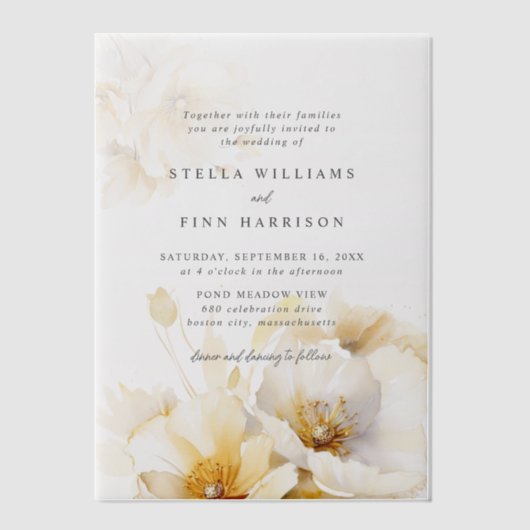 Invitations En Vélin Élégant blanc jaune or Fleurs Mariage (Recto)