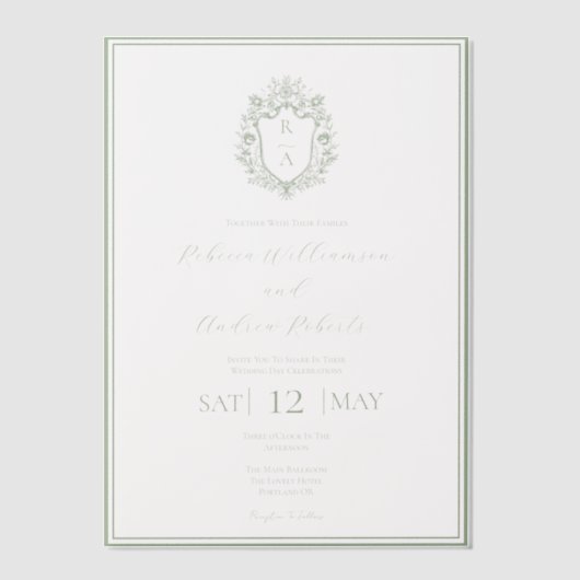 Invitations En Vélin Élégant blanc & Sage Green Crest Mariage Monogramm (Recto)