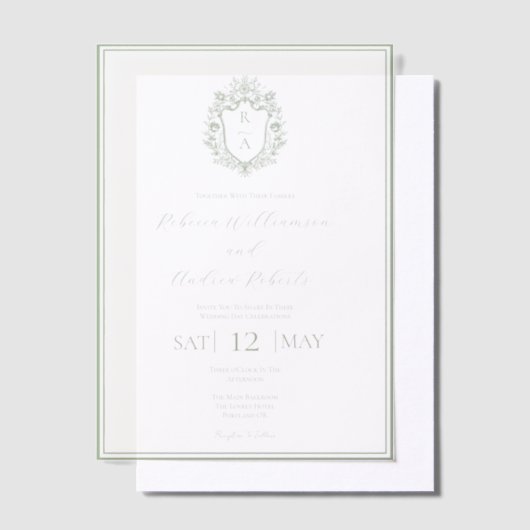 Invitations En Vélin Élégant blanc & Sage Green Crest Mariage Monogramm (Compenser)