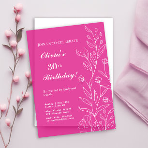 Invitations En Vélin Élégant floral blanc sur rose vif 30e anniversaire