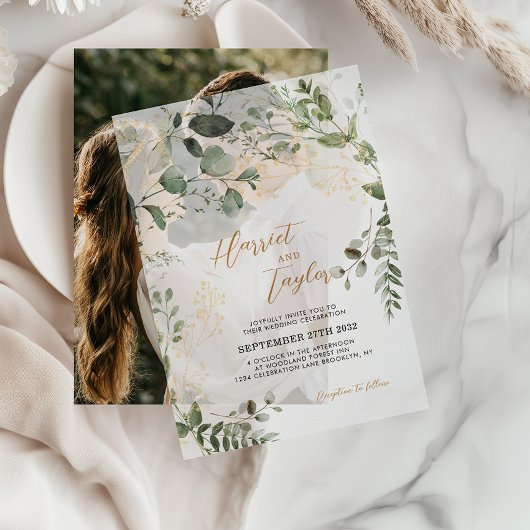 Invitations En Vélin Elegant Gold and Greenery Eucalyptus Wedding