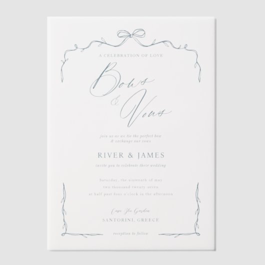 Invitations En Vélin Elégant Mariage Bleu Main Tirée Bow & Ribbon (Recto)