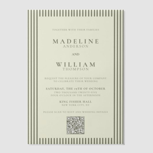Invitations En Vélin Élégant Mariage de code Qr vert Stripped (Recto)