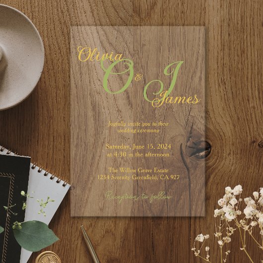 Invitations En Vélin Élégant Mariage de monogramme vert et or