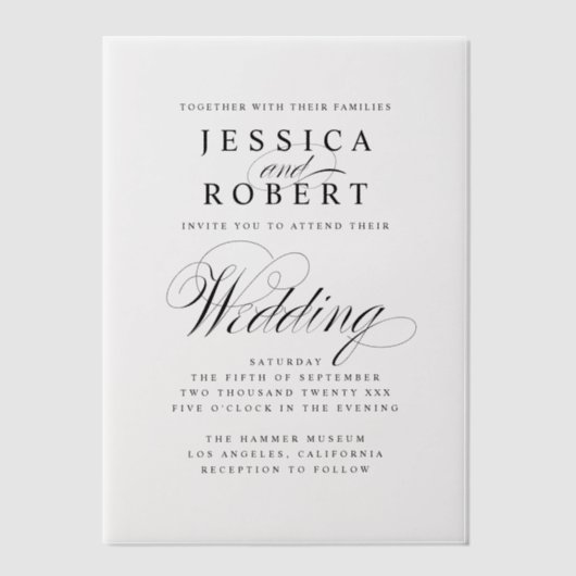Invitations En Vélin Élégant Mariage de script noir et blanc (Recto)