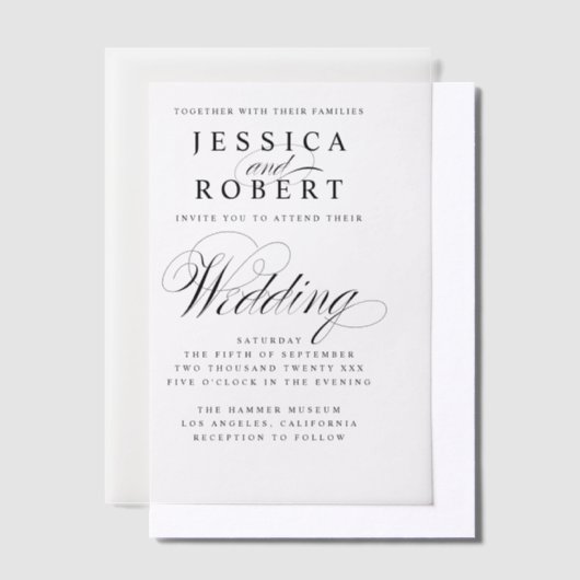 Invitations En Vélin Élégant Mariage de script noir et blanc (Compenser)