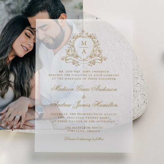 Invitations En Vélin Élégant or Floral Crest Monogram Mariage