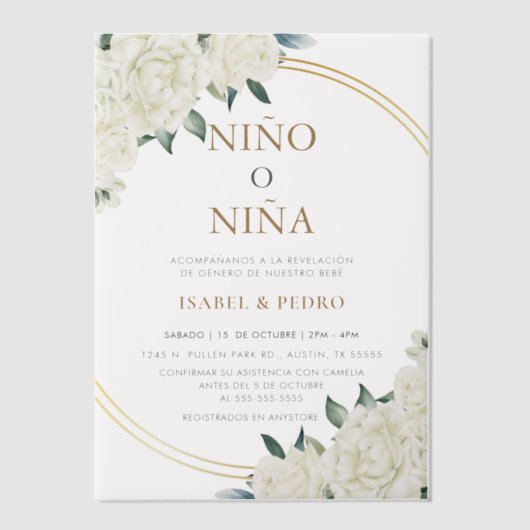 Invitations En Vélin Elégant or ivoire Floral espagnol sexe Reveal (Recto)