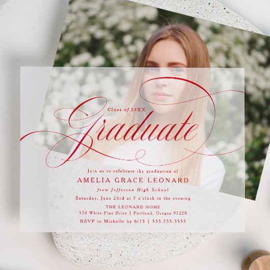 Invitations En Vélin Élégant Red Script Graduation Party