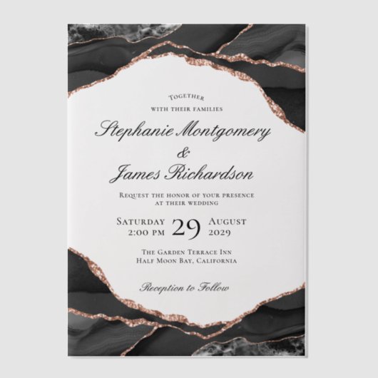 Invitations En Vélin Élégant Rose Mariage d'agate d'huile or (Recto)