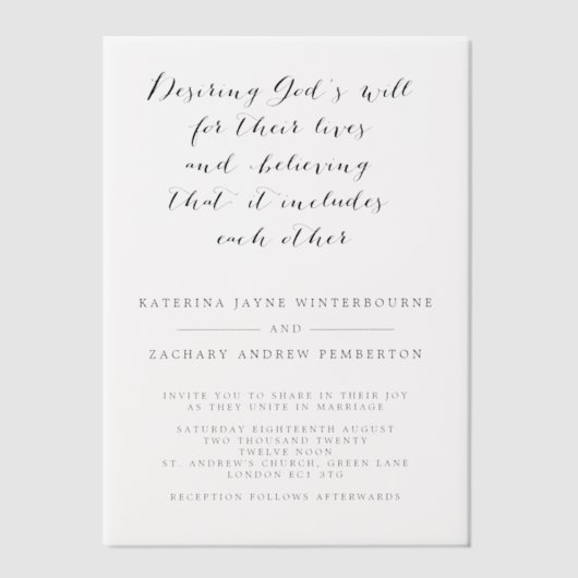 Invitations En Vélin Élégant script chrétien Mariage noir et blanc (Recto)